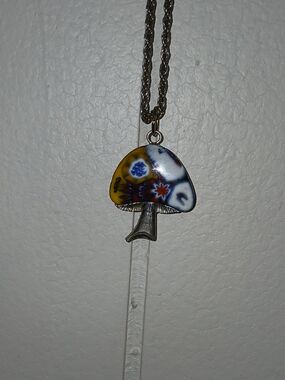 Vintage Handmade Millefiori Glass Mushroom Pendant Necklace